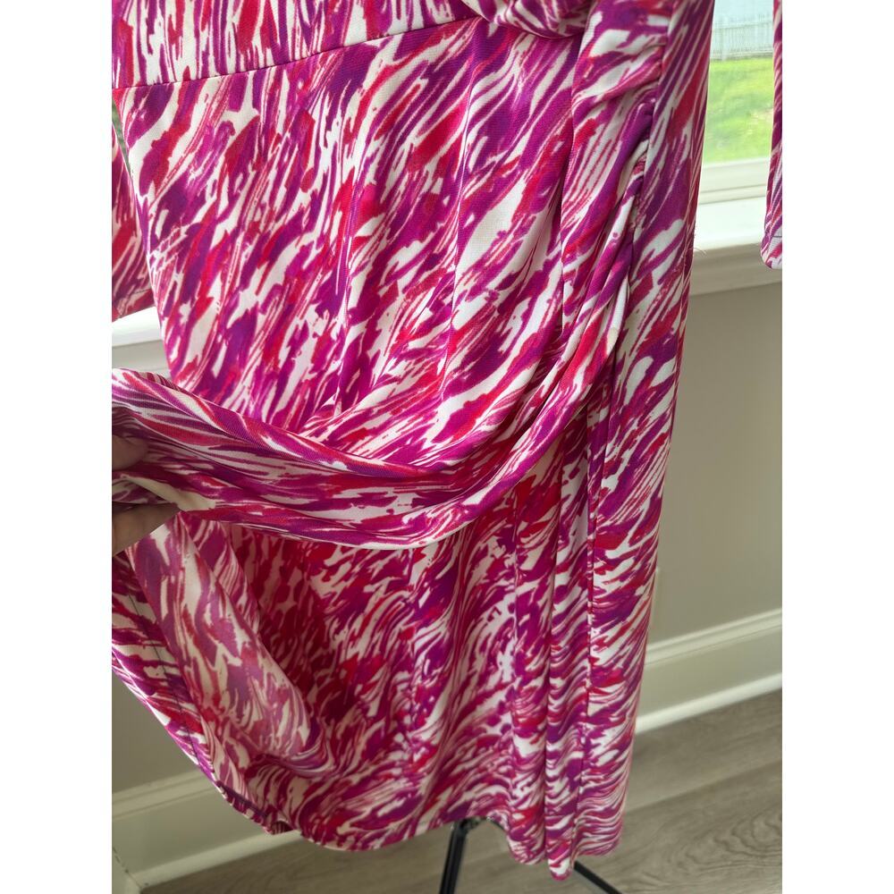 Jones New York Dress L Pink Abstract Print Draped Faux Wrap Long Sleeve Midi - Picture 6 of 7